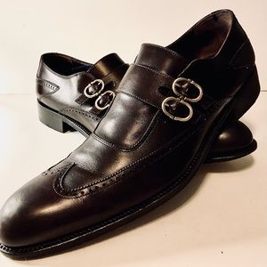 Ferragamo Men’s Brown Leather Gold Double HorseBit Closure, Wingtip MonkStraps